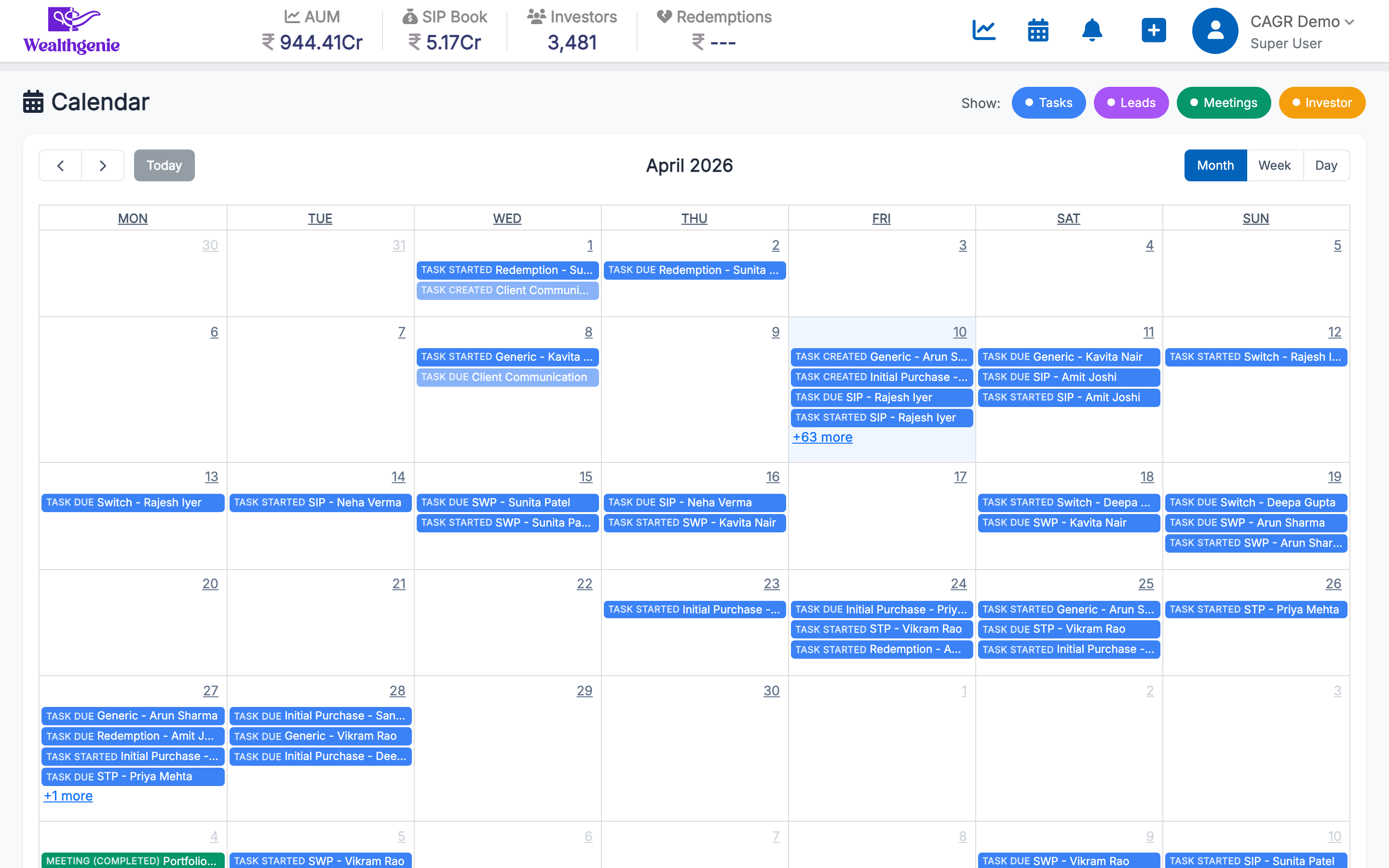 Calendar View with Tasks, Leads, and Meetings